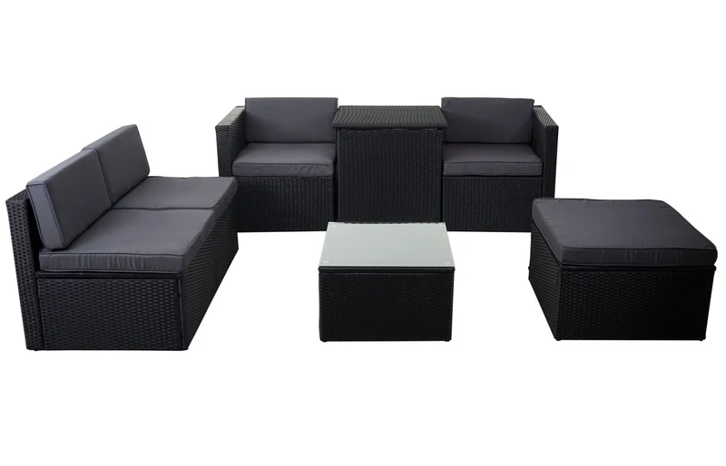 Salon de jardin fauteuil table coffre pouf en poly-rotin pour balcon jardin anthracite coussin gris foncé 04_0003049