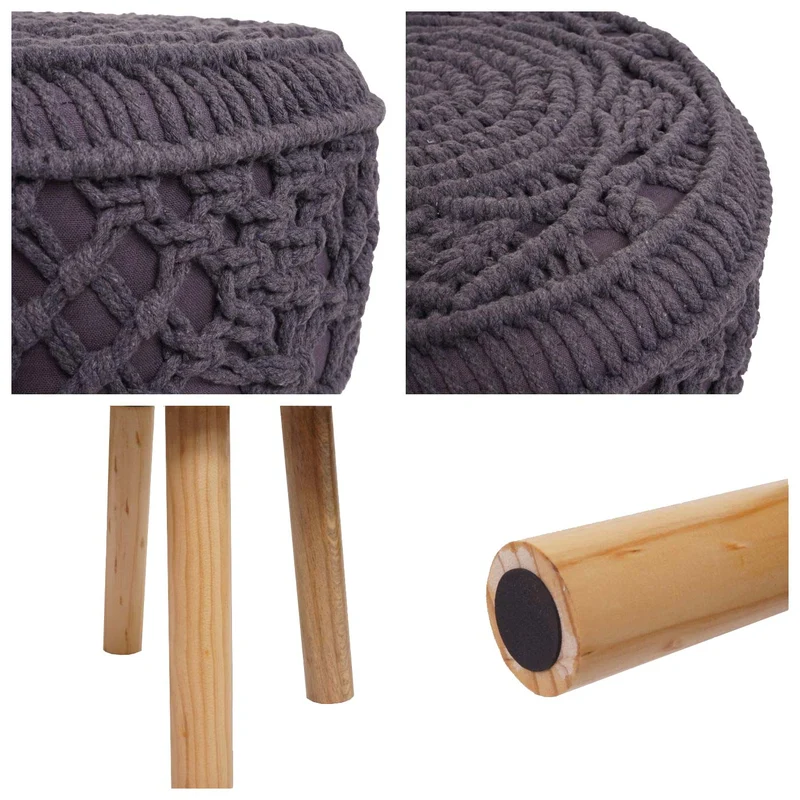 Tabouret repose-pieds siège forme ronde tricoté, 45x41cm tricot tissu gris foncé 04_0005317
