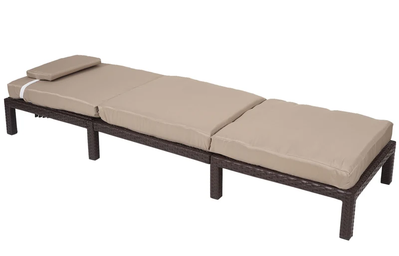 Chaise longue relax bain de soleil pour jardin extérieur terrasse en poly-rotin marron coussin crème 04_0004235