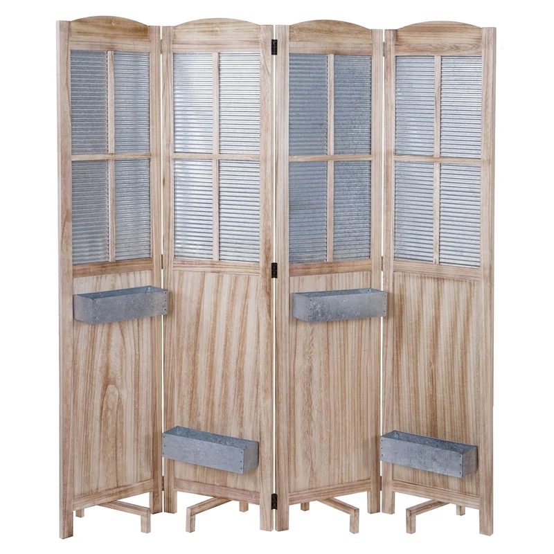 Paravent 4 panneaux avec 4 jardinières amovibles séparateur de pièce cloison de séparation en bois et métal 170x161x29cm 04_0003921