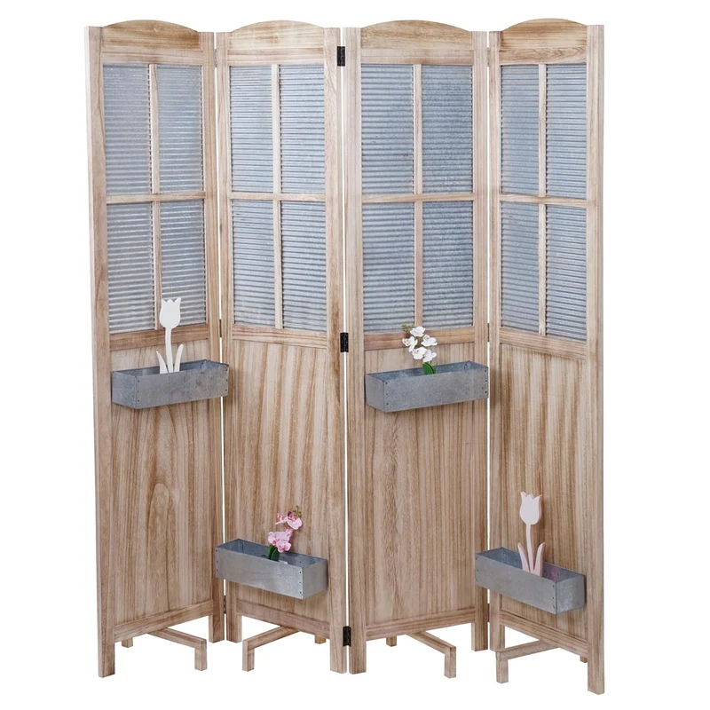 Paravent 4 panneaux avec 4 jardinières amovibles séparateur de pièce cloison de séparation en bois et métal 170x161x29cm 04_0003921