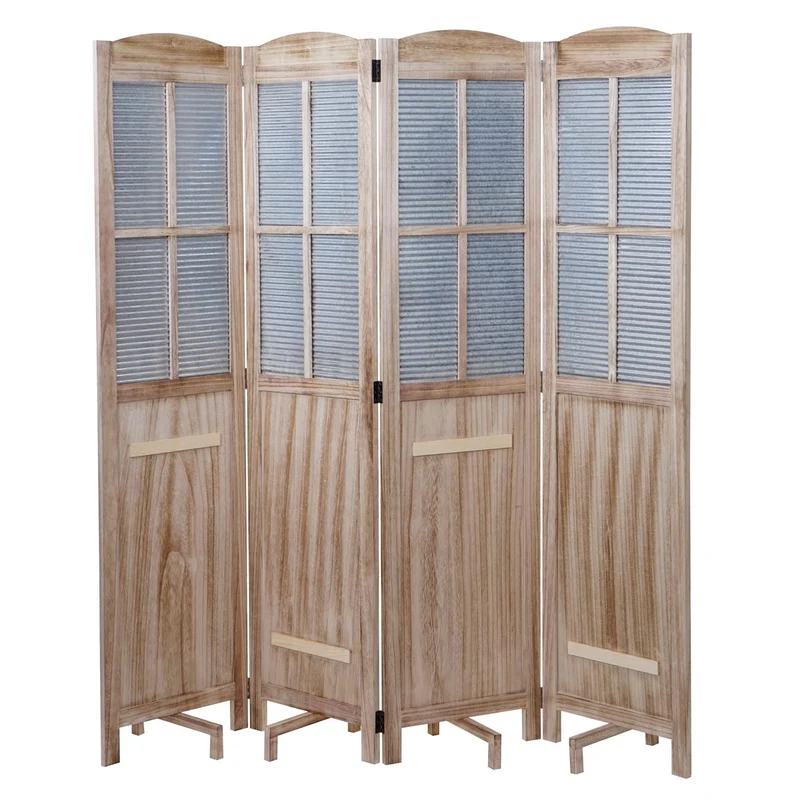 Paravent 4 panneaux avec 4 jardinières amovibles séparateur de pièce cloison de séparation en bois et métal 170x161x29cm 04_0003921
