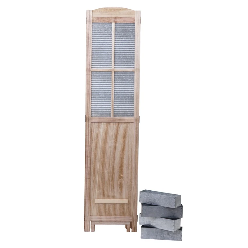 Paravent 4 panneaux avec 4 jardinières amovibles séparateur de pièce cloison de séparation en bois et métal 170x161x29cm 04_0003921