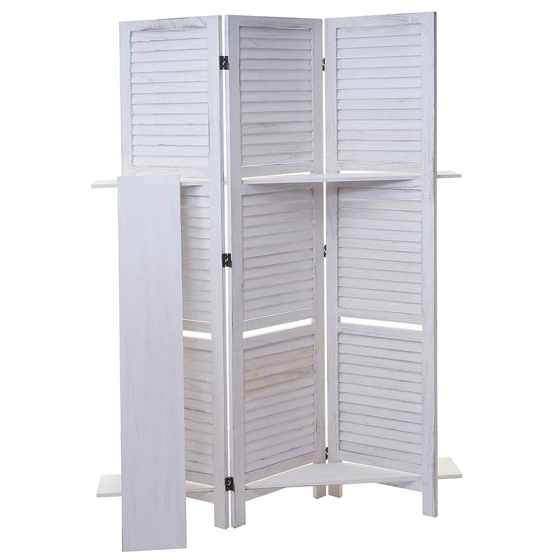 Paravent cloison de séparation 3 panneaux avec étagères 170x125cm aspect shabby en bois blanc 04_0003952