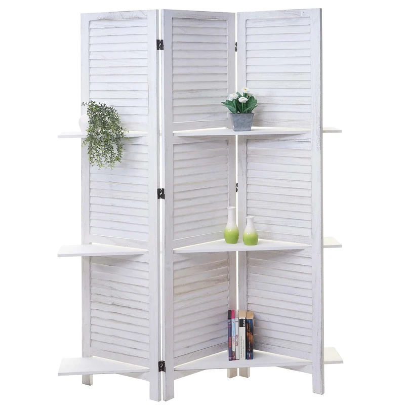 Paravent cloison de séparation 3 panneaux avec étagères 170x125cm aspect shabby en bois blanc 04_0003952