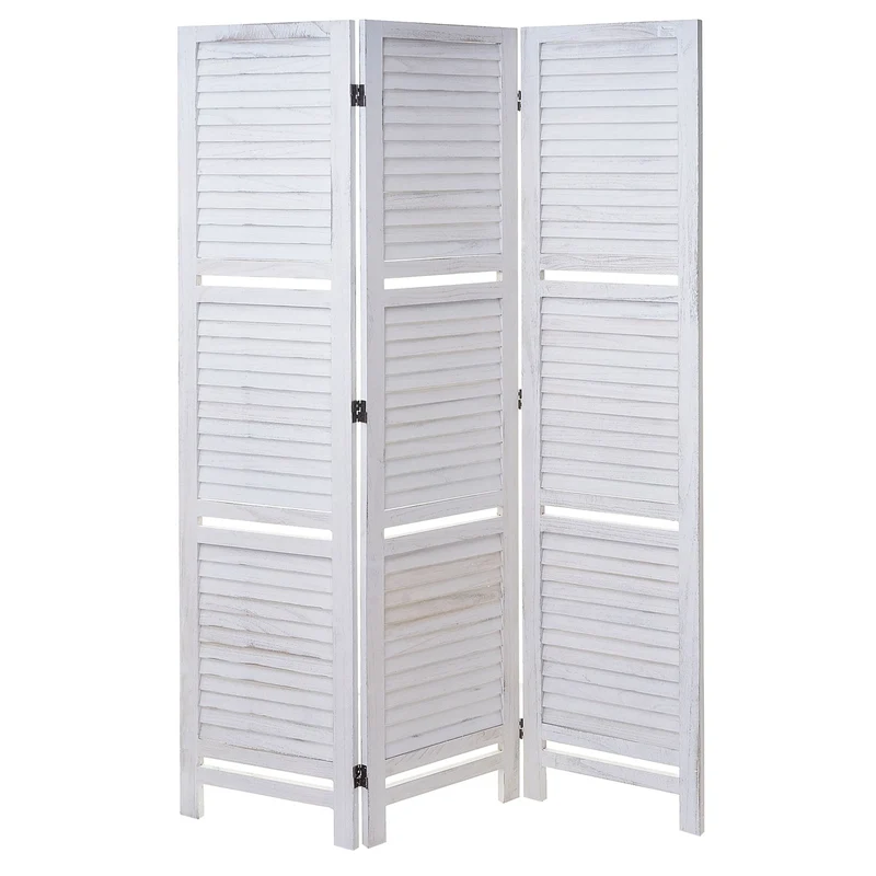 Paravent cloison de séparation 3 panneaux avec étagères 170x125cm aspect shabby en bois blanc 04_0003952