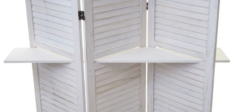Paravent cloison de séparation 3 panneaux avec étagères 170x125cm aspect shabby en bois blanc 04_0003952