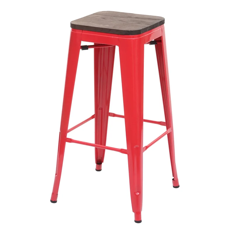 Tabouret de bar chaise de comptoir siège en bois avec repose-pieds design industriel empilable en métal rouge 04_0005243