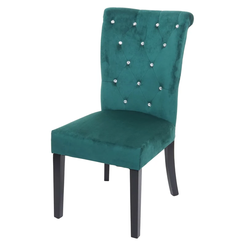 Chaise à manger cuisine en velours vert foncé avec décoration bouton cristal pieds bois noirs 04_0002215