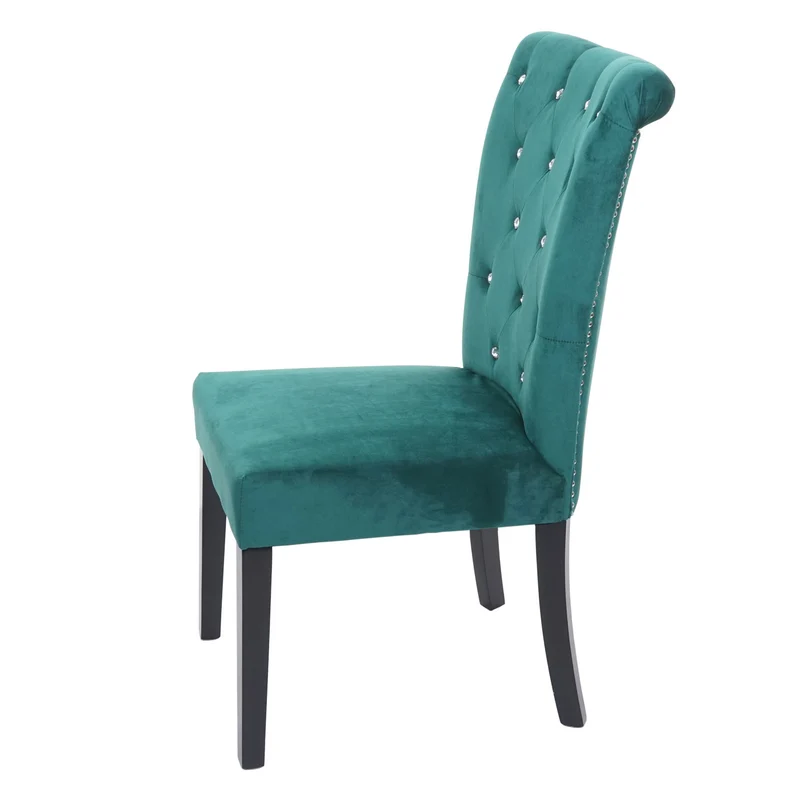 Chaise à manger cuisine en velours vert foncé avec décoration bouton cristal pieds bois noirs 04_0002215