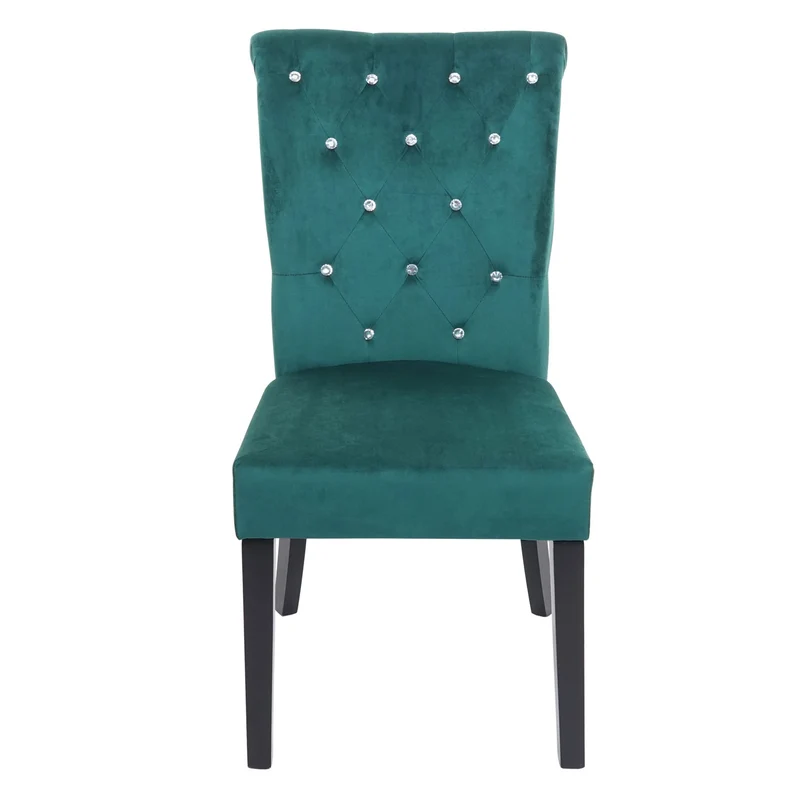 Chaise à manger cuisine en velours vert foncé avec décoration bouton cristal pieds bois noirs 04_0002215