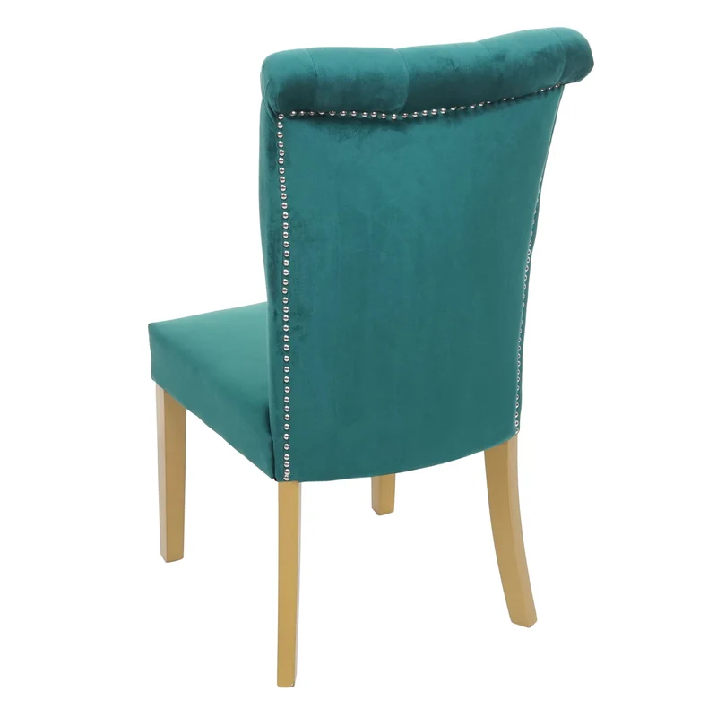 Chaise à manger cuisine en velours vert foncé avec décoration bouton cristal pieds bois clairs 04_0002214