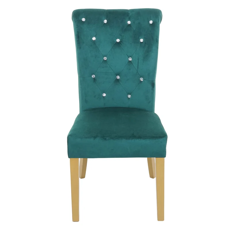 Chaise à manger cuisine en velours vert foncé avec décoration bouton cristal pieds bois clairs 04_0002214