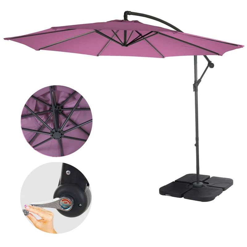 Parasol déporté protection solaire Ø 3m inclinable polyester/acier 11kg rouge lavande avec support 04_0000946