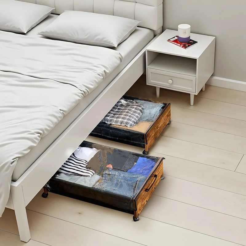 2 rangements sous-lit roulants avec couvercle transparent