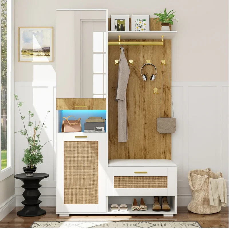 Meuble d'entrée avec miroir, banc et rangements LED