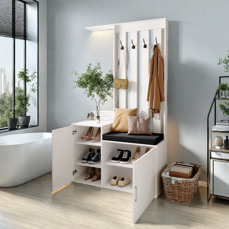 Ensemble meuble d’entrée blanc avec banc, miroir et rangement à chaussures
