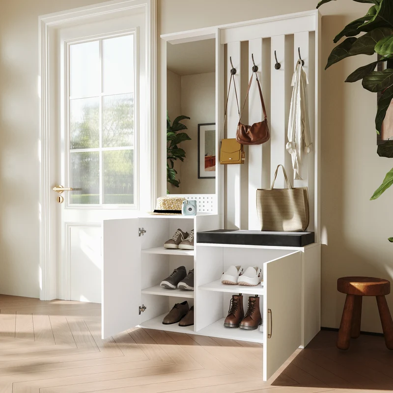 Porte-manteau avec banc à chaussures et miroir, bois blanc