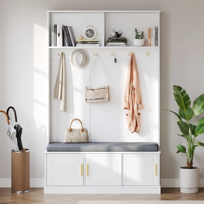 Banc d'entrée blanc avec porte-manteau et rangement à chaussures