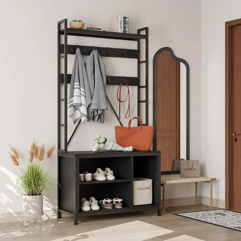 Vestiaire d'entrée noir avec banc et rangement à chaussures