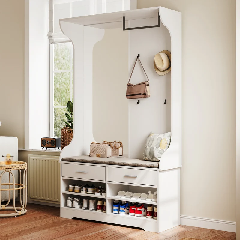 Vestiaire blanc avec banc, rangement à chaussures et 2 tiroirs