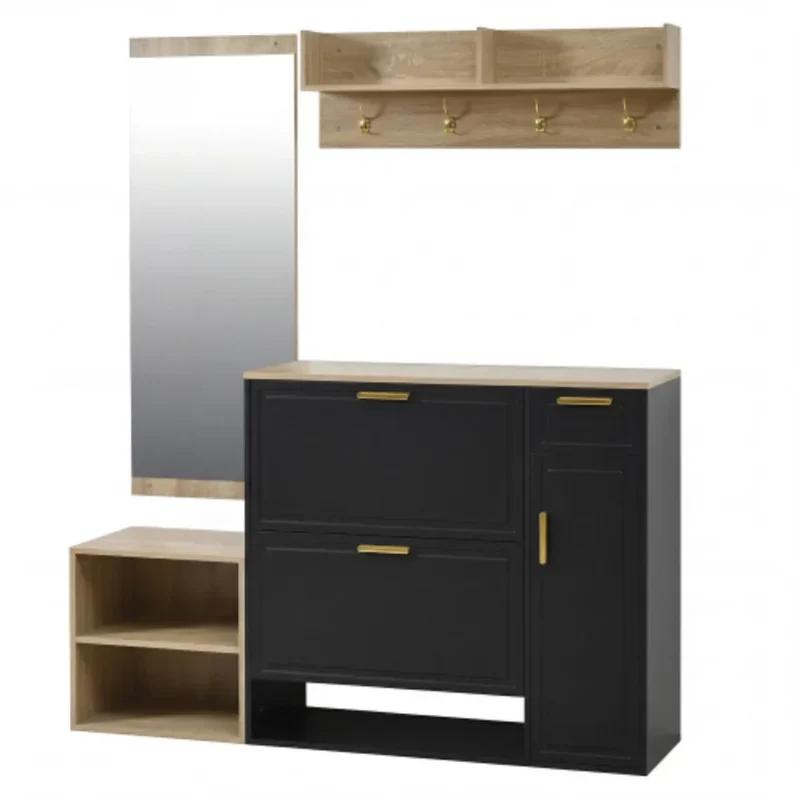 Ensemble d’entrée 4 pièces noir et bois naturel avec miroir