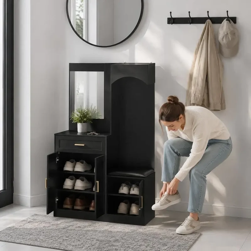 Meuble d'entrée noir avec miroir, banc et rangement chaussures