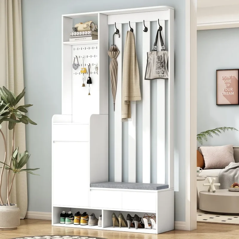 Meuble d’entrée avec banc, patères et rangement à chaussures