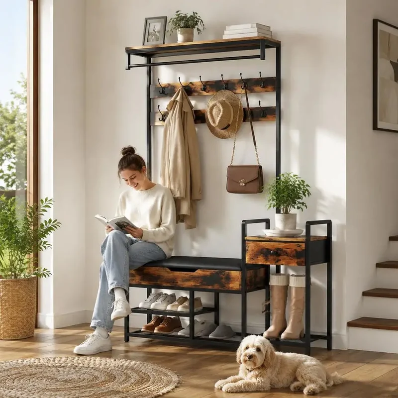 Meuble d'entrée 178 cm de haut avec banc et rangement à chaussures