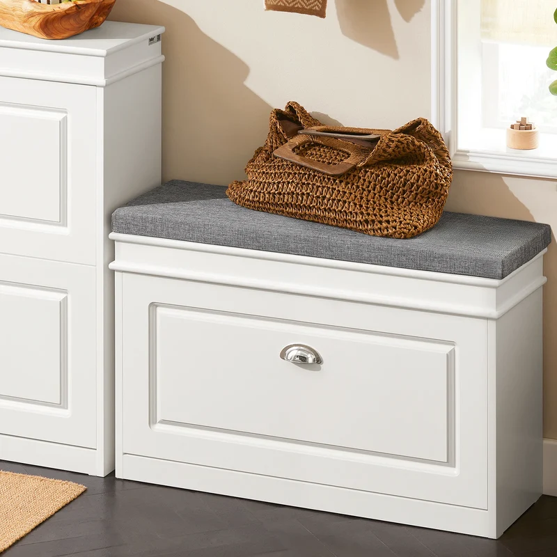 Banc à chaussures avec coussin et rangement frontal