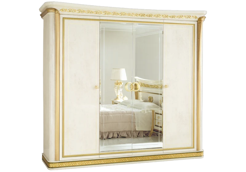 Armoire 4 portes miroir effet marbre ivoire et or - Melodia