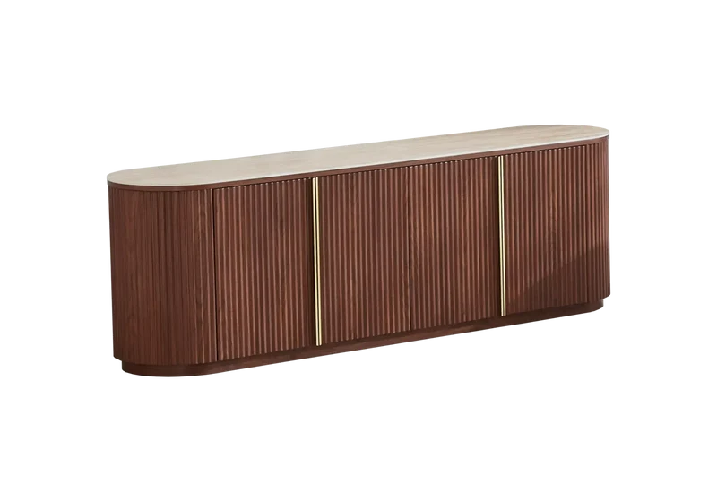 Meuble TV design ovale travertin noyer cannelé - Terra