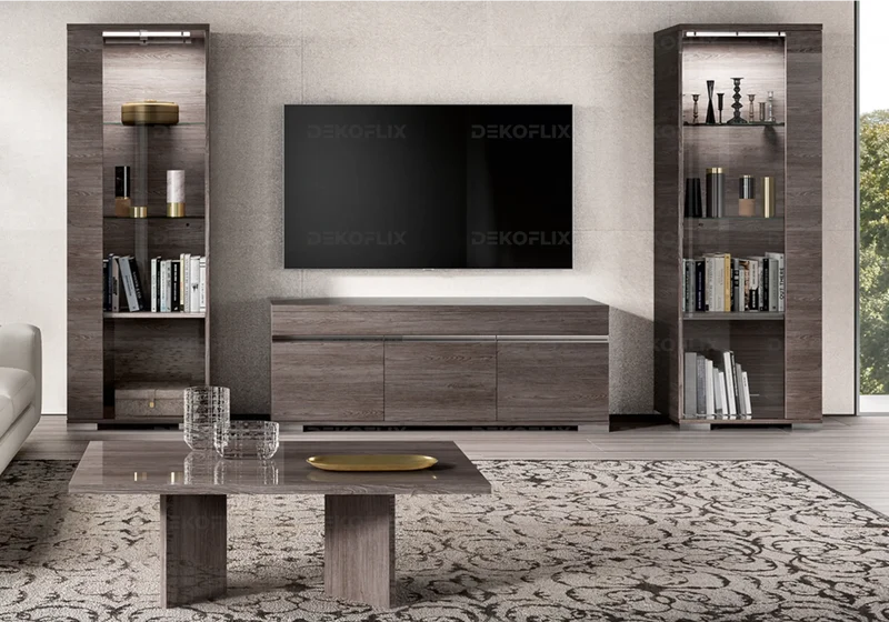 Meuble TV 149 cm orme laqué et pieds noirs design - Viola