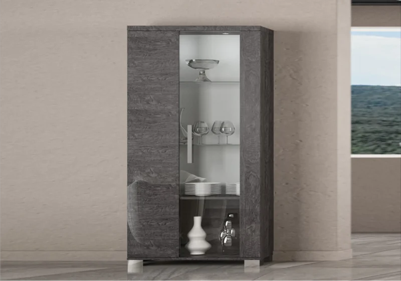 Vitrine 1 ou 2 portes avec LED bouleau gris laqué - Sarah