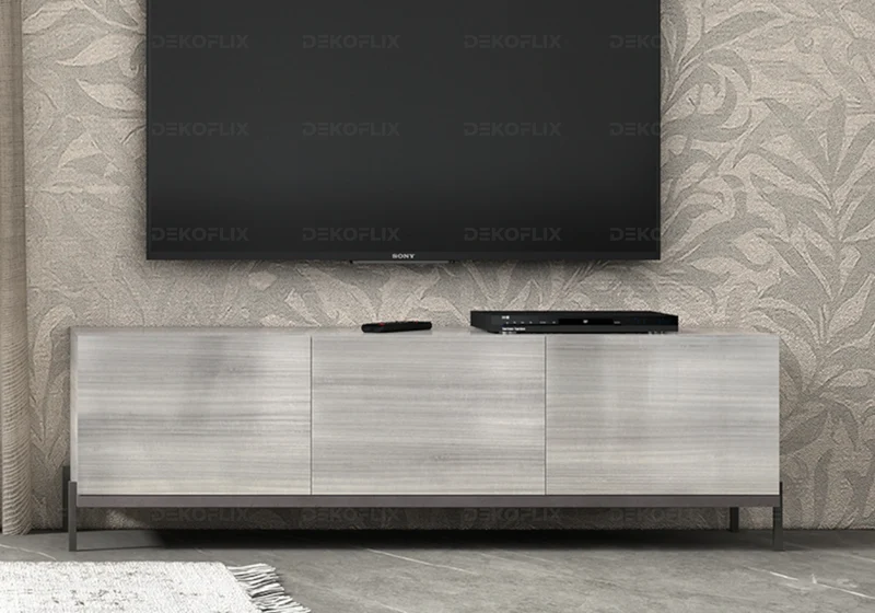 Meuble TV 3 portes gris argent laqué design - Mia