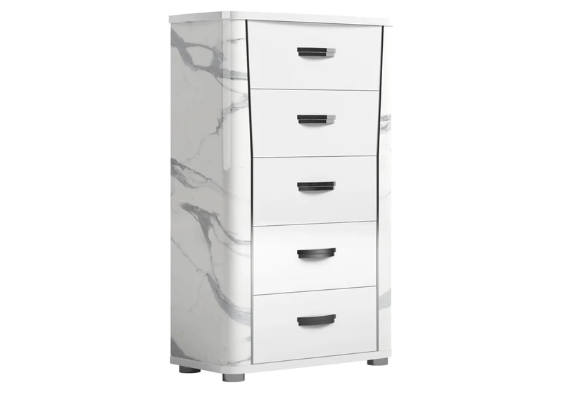Chiffonnier 5 tiroirs blanc laqué et décor marbre - Anna