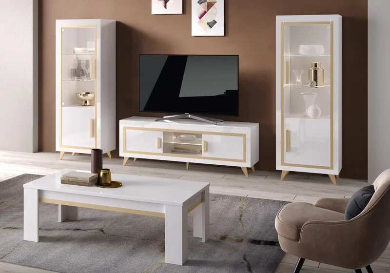 Mur tv laqué blanc doré led GOLD