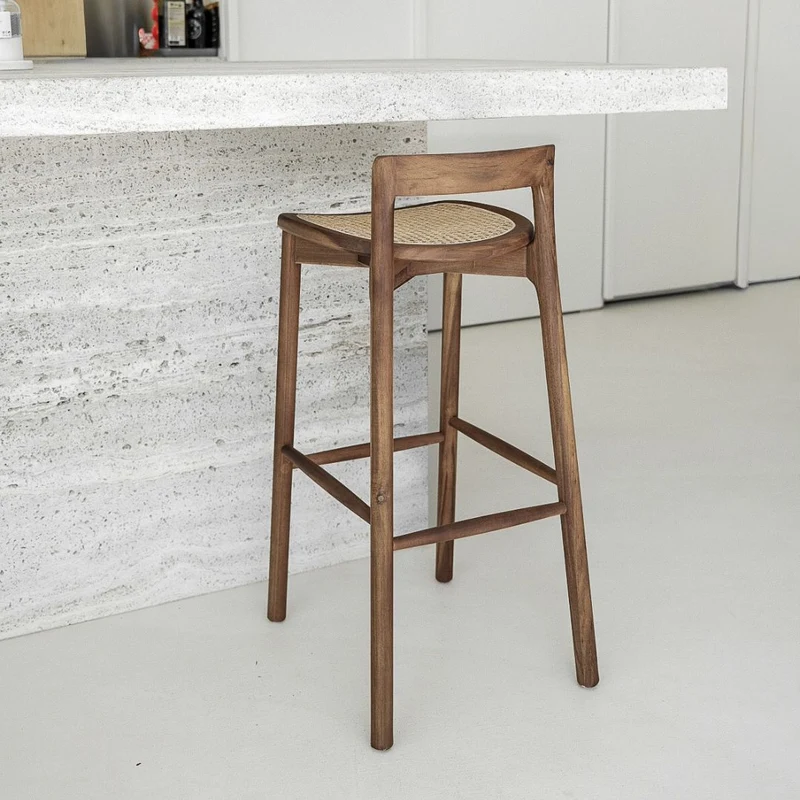 Tabouret Charmes - Acacia noyer - Assise en rotin - Hauteur d'assise 65 cm