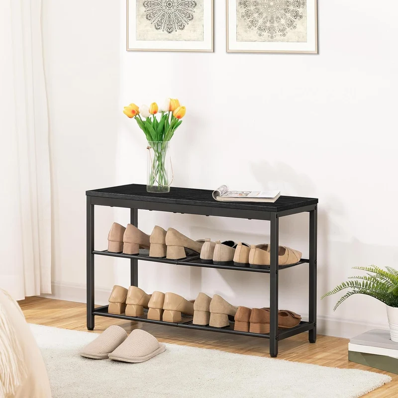HOOBRO - Étagère à chaussures, 3 Niveaux, Banc à Chaussures, avec 2 étagères en maille, Étagère étroite, 75x28.5x48.5cm, Étagère en métal, Noir