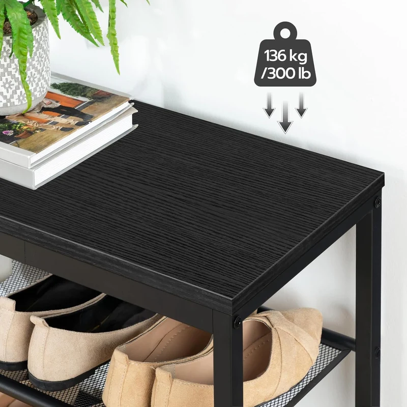 HOOBRO - Étagère à chaussures, 3 Niveaux, Banc à Chaussures, avec 2 étagères en maille, Étagère étroite, 75x28.5x48.5cm, Étagère en métal, Noir