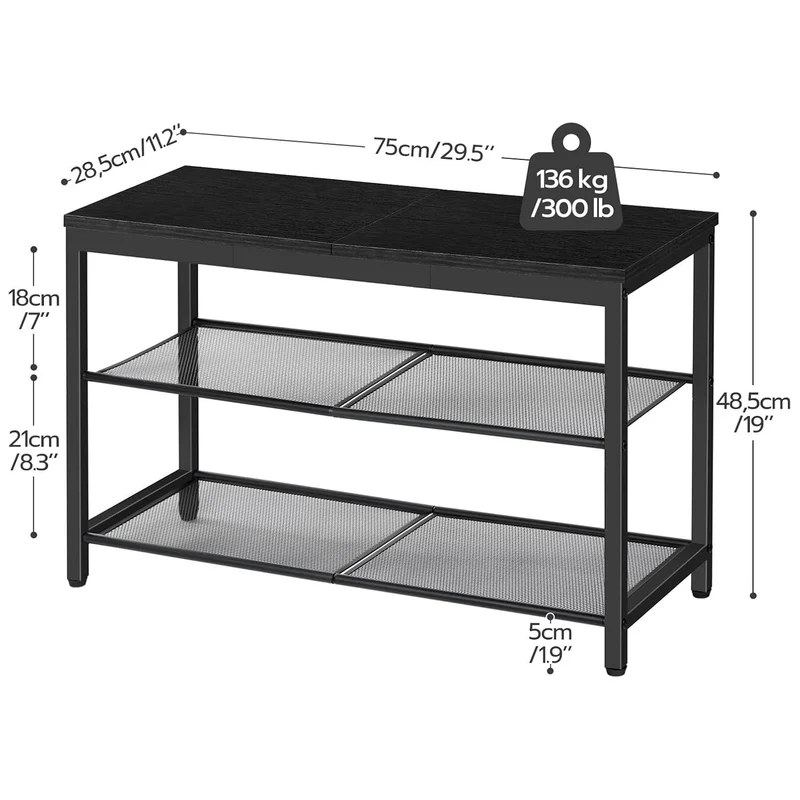 HOOBRO - Étagère à chaussures, 3 Niveaux, Banc à Chaussures, avec 2 étagères en maille, Étagère étroite, 75x28.5x48.5cm, Étagère en métal, Noir