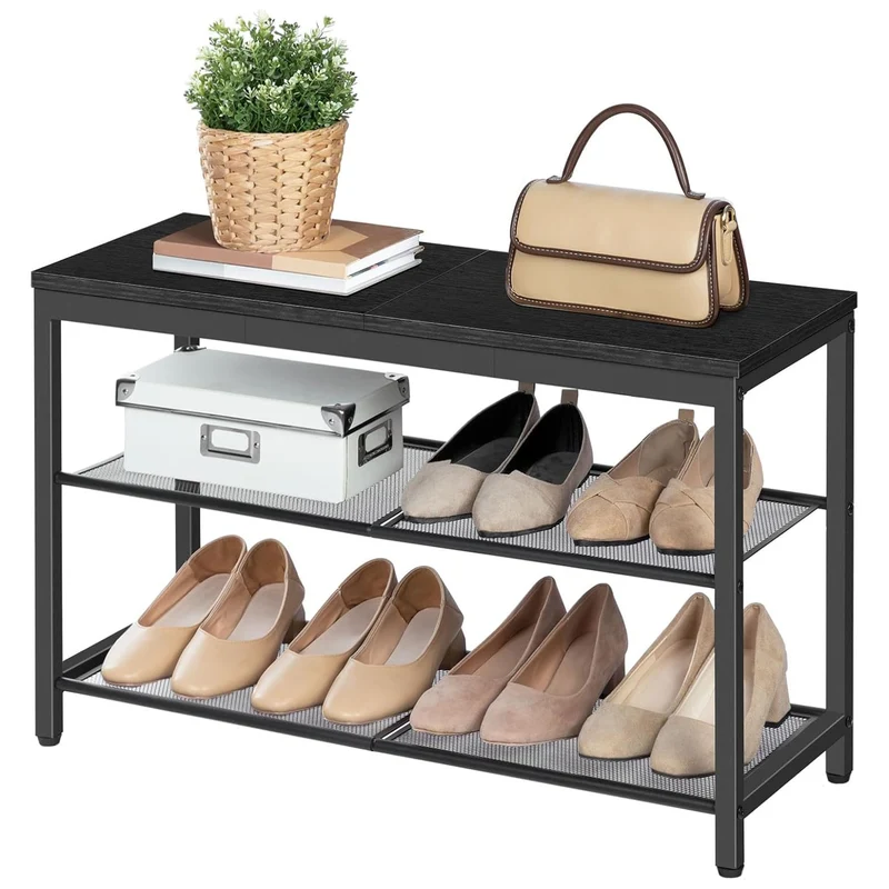 HOOBRO - Étagère à chaussures, 3 Niveaux, Banc à Chaussures, avec 2 étagères en maille, Étagère étroite, 75x28.5x48.5cm, Étagère en métal, Noir