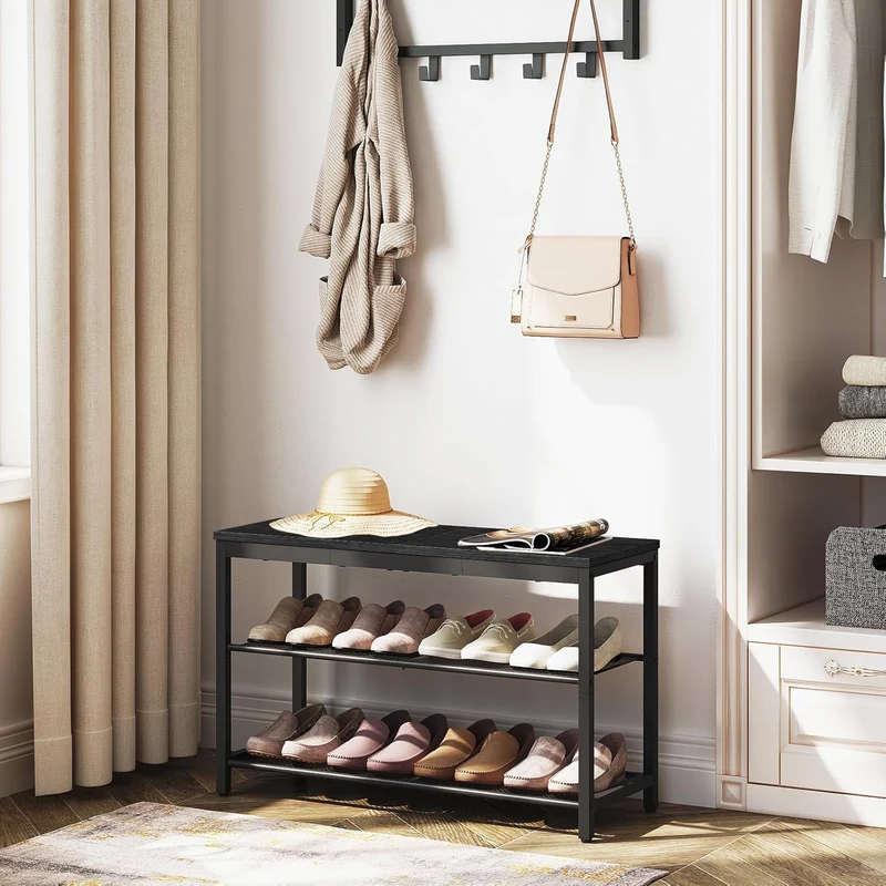 HOOBRO - Étagère à chaussures, 3 Niveaux, Banc à Chaussures, avec 2 étagères en maille, Étagère étroite, 75x28.5x48.5cm, Étagère en métal, Noir