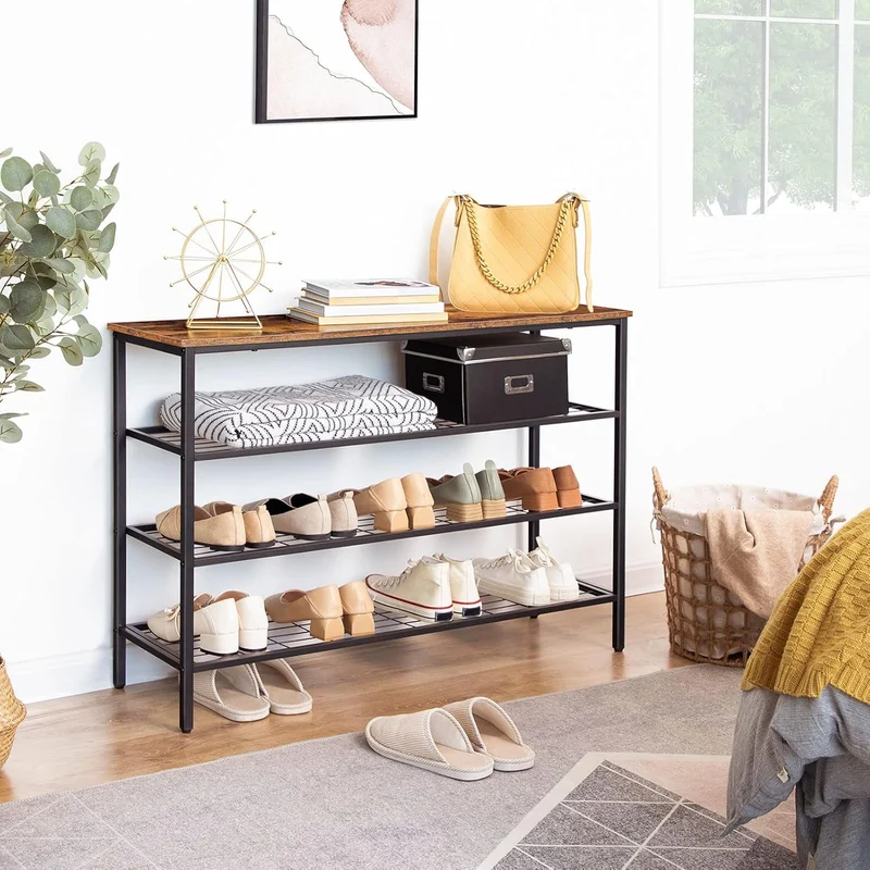 HOOBRO - Étagère à Chaussures, 4 Niveaux, Étagère en métal, avec 3 étagères en filet, Étagère étroite, 100 x 30 x 68 cm, Peu encombrant, Marron Noir
