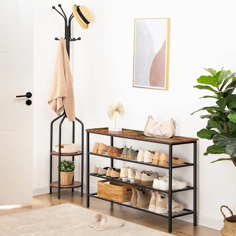 HOOBRO - Étagère à Chaussures, 4 Niveaux, Étagère en métal, avec 3 étagères en filet, Étagère étroite, 100 x 30 x 68 cm, Peu encombrant, Marron Noir