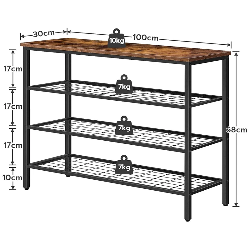 HOOBRO - Étagère à Chaussures, 4 Niveaux, Étagère en métal, avec 3 étagères en filet, Étagère étroite, 100 x 30 x 68 cm, Peu encombrant, Marron Noir