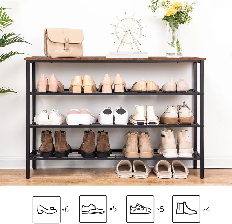 HOOBRO - Étagère à Chaussures, 4 Niveaux, Étagère en métal, avec 3 étagères en filet, Étagère étroite, 100 x 30 x 68 cm, Peu encombrant, Marron Noir