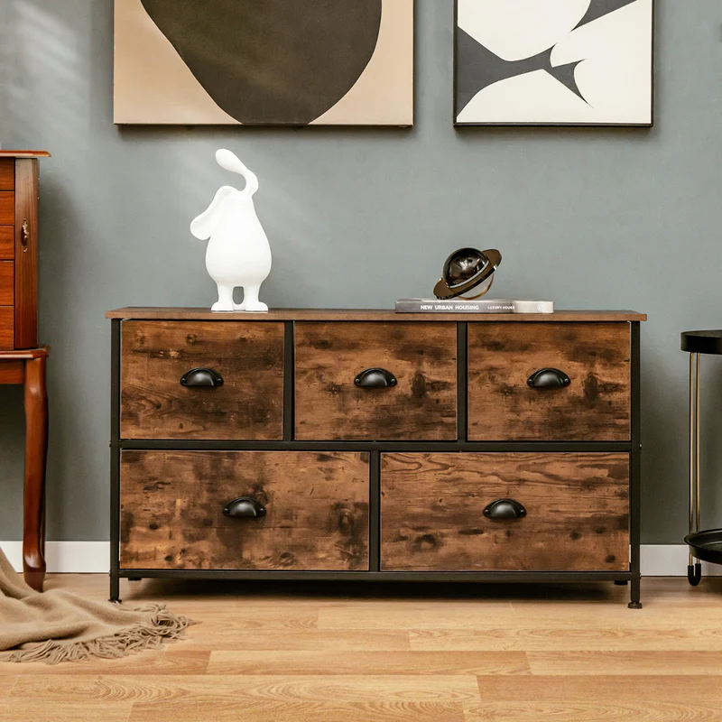 Costway - Commode, Meuble de Rangement, avec 5 Tiroirs Non-Tissés 100x30x54 cm, Cadre en Métal Surface en MDF, Commode Vintage, Marron Rustique, Noir