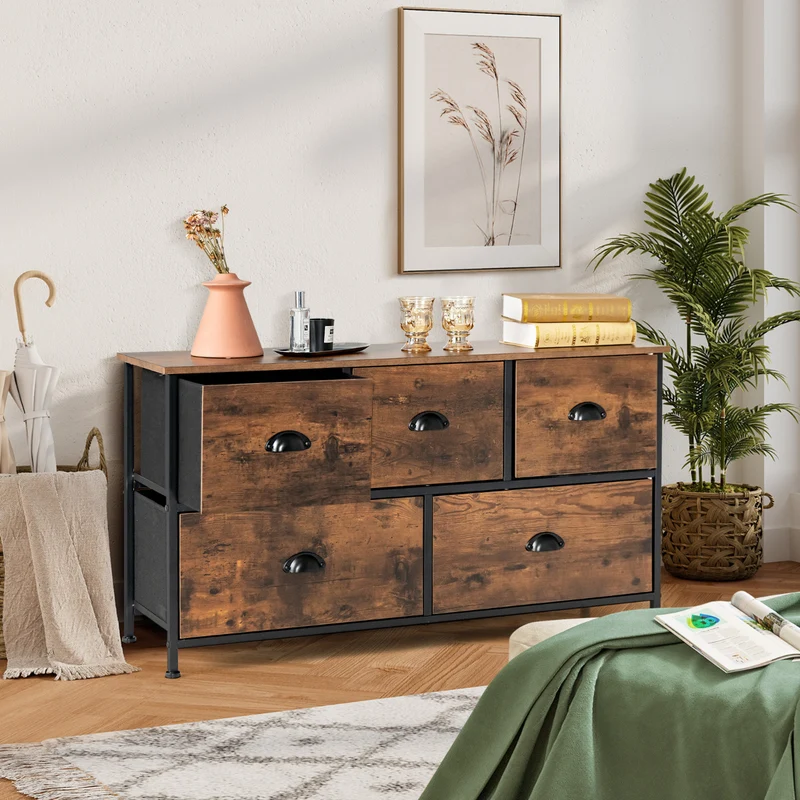 Costway - Commode, Meuble de Rangement, avec 5 Tiroirs Non-Tissés 100x30x54 cm, Cadre en Métal Surface en MDF, Commode Vintage, Marron Rustique, Noir