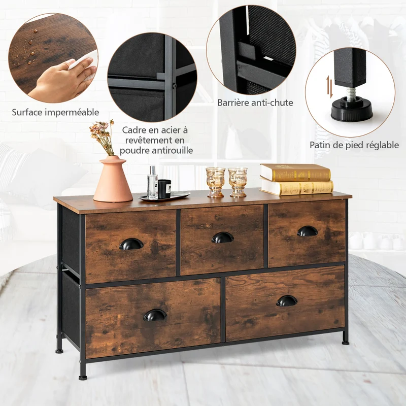 Costway - Commode, Meuble de Rangement, avec 5 Tiroirs Non-Tissés 100x30x54 cm, Cadre en Métal Surface en MDF, Commode Vintage, Marron Rustique, Noir